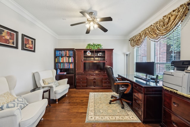 5539 Emerald Pointe Ct, Sugar Land, TX 77479 - office space with a ceiling fan, dark wood-style flooring, and crown molding