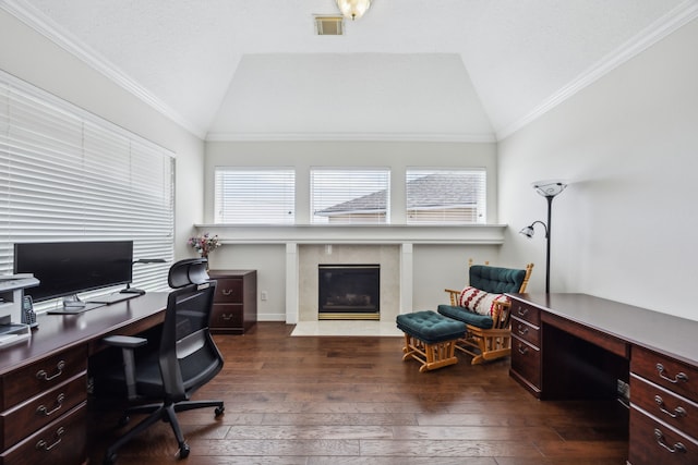 5539 Emerald Pointe Ct, Sugar Land, TX 77479 - office area with vaulted ceiling, dark wood finished floors, a tile fireplace, and ornamental molding