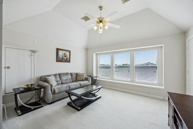 5539 Emerald Pointe Ct, Sugar Land, TX 77479 - living room featuring light colored carpet, vaulted ceiling, ceiling fan, and baseboards