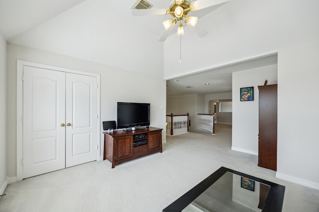 5539 Emerald Pointe Ct, Sugar Land, TX 77479 - living area with ceiling fan, carpet, high vaulted ceiling, and baseboards