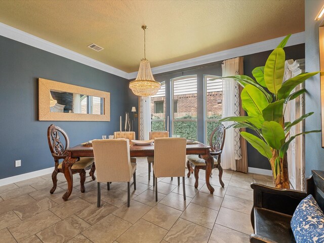 17611 Bear River Ln, Humble, TX 77346 - dining area featuring baseboards, crown molding, a chandelier, and a textured ceiling