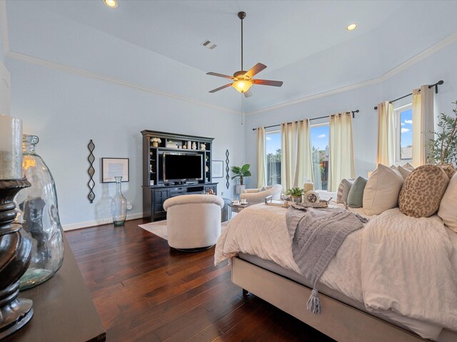 17611 Bear River Ln, Humble, TX 77346 - bedroom with dark wood-style flooring, recessed lighting, ceiling fan, baseboards, and lofted ceiling