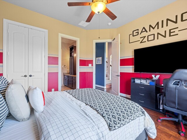 17611 Bear River Ln, Humble, TX 77346 - bedroom with wood finished floors, a closet, ceiling fan, and ensuite bathroom