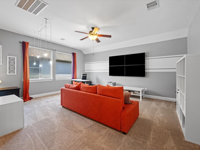 17611 Bear River Ln, Humble, TX 77346 - living area with a ceiling fan, carpet floors, and baseboards