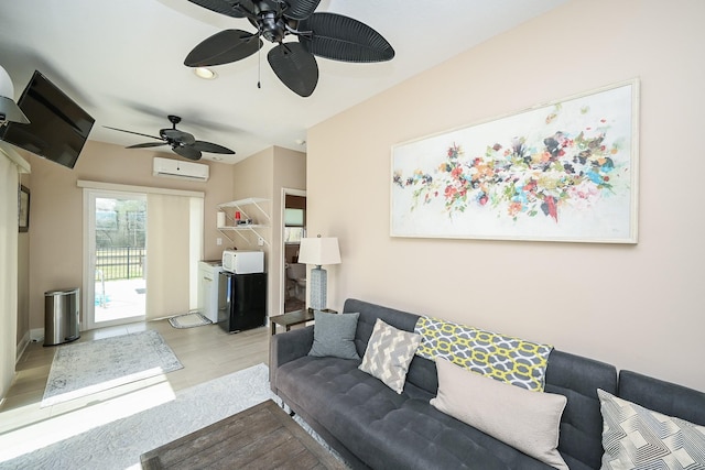 23442 Hillcrest Dr, Hockley, TX 77447 - living area featuring an AC wall unit, ceiling fan, and wood finished floors
