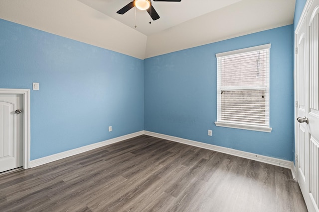 21734 Parsley Mist Ln, Richmond, TX 77469 - empty room featuring ceiling fan, wood finished floors, lofted ceiling, and baseboards