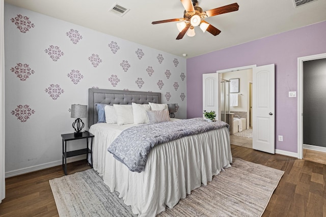 21734 Parsley Mist Ln, Richmond, TX 77469 - bedroom with wood finished floors, baseboards, ensuite bath, and ceiling fan