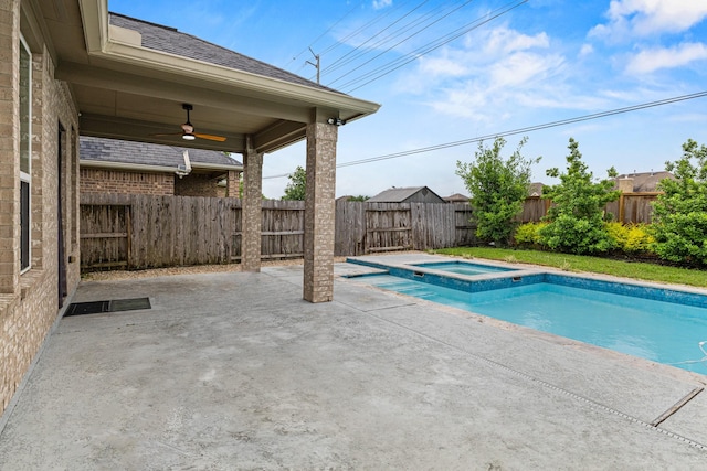 21734 Parsley Mist Ln, Richmond, TX 77469 - view of pool with a ceiling fan, a fenced backyard, a patio, and a pool with connected hot tub