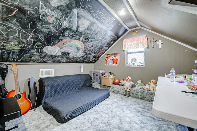 637 County Road 6502 E, Dayton, TX 77535 - recreation room with carpet flooring, vaulted ceiling, and a textured ceiling