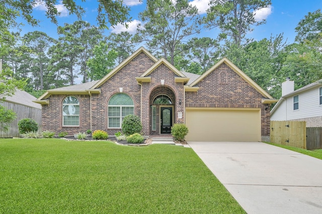 3909 Aspen Dr, Montgomery, TX 77356 - view of front of home with brick siding, a garage, driveway, and a shingled roof