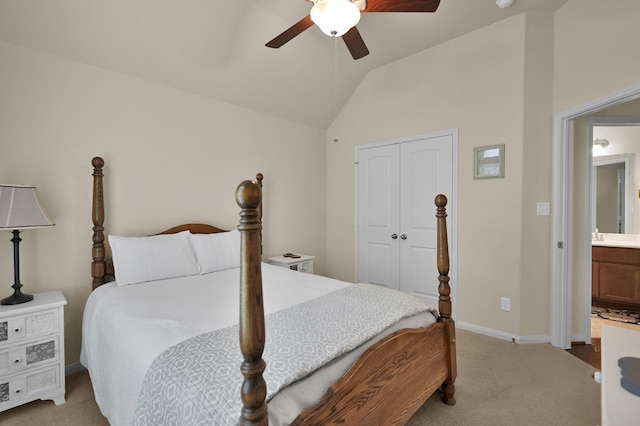 3909 Aspen Dr, Montgomery, TX 77356 - bedroom featuring carpet flooring, lofted ceiling, a closet, baseboards, and ceiling fan