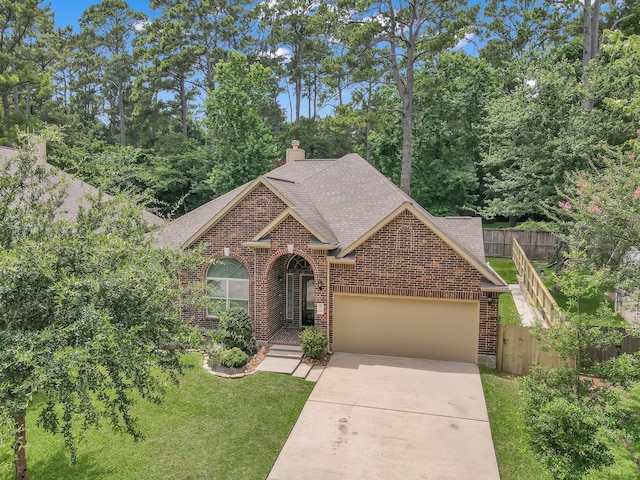 3909 Aspen Dr, Montgomery, TX 77356 - view of front facade with brick siding, a shingled roof, an attached garage, and concrete driveway
