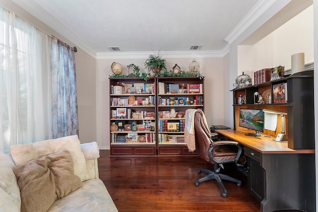 17131 Valley Palms Dr, Spring, TX 77379 - office area featuring dark wood-type flooring and crown molding
