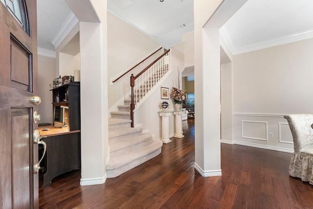 17131 Valley Palms Dr, Spring, TX 77379 - stairway with ornamental molding, hardwood / wood-style flooring, and wainscoting