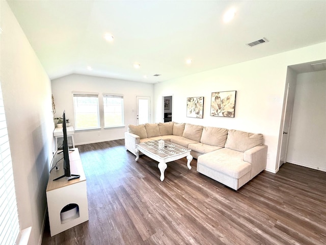 24446 Elmwood Falls Dr, Spring, TX 77373 - living area with dark wood-type flooring, recessed lighting, baseboards, and lofted ceiling