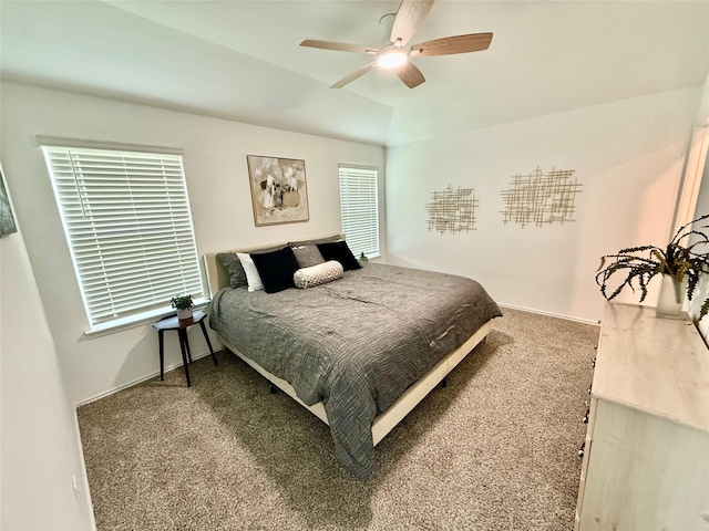 24446 Elmwood Falls Dr, Spring, TX 77373 - bedroom with carpet flooring, lofted ceiling, a ceiling fan, and baseboards