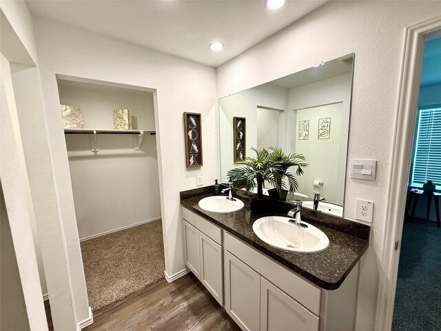 24446 Elmwood Falls Dr, Spring, TX 77373 - full bathroom featuring double vanity, wood finished floors, a walk in closet, and recessed lighting