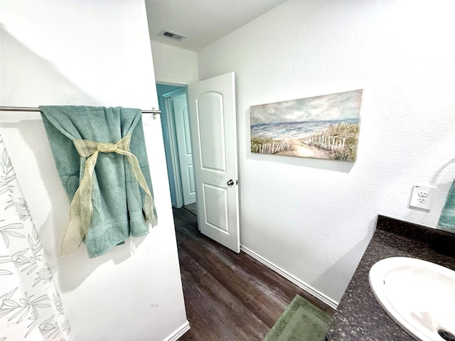 24446 Elmwood Falls Dr, Spring, TX 77373 - bathroom with wood finished floors, vanity, and baseboards