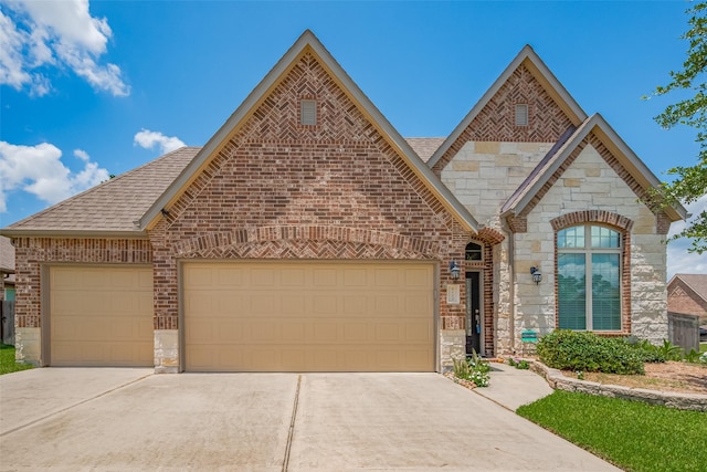 8107 Bosphorus St, Houston, TX 77044 - french country style house featuring stone siding, a garage, concrete driveway, and brick siding