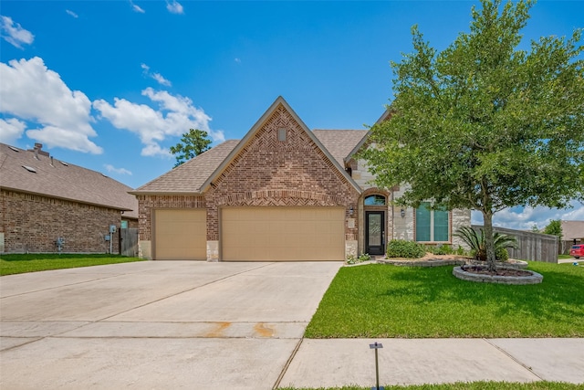 8107 Bosphorus St, Houston, TX 77044 - view of front of property featuring brick siding, a garage, a front yard, concrete driveway, and a shingled roof