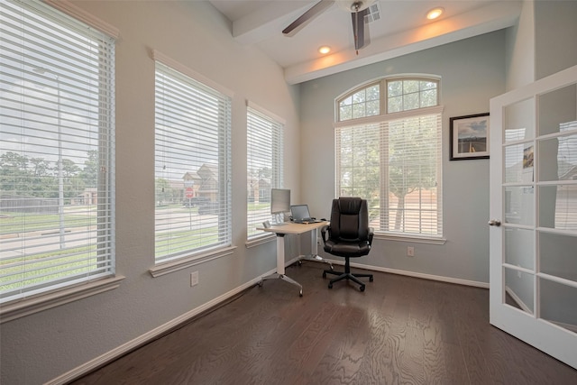 8107 Bosphorus St, Houston, TX 77044 - office featuring healthy amount of natural light, dark wood finished floors, a ceiling fan, baseboards, and recessed lighting
