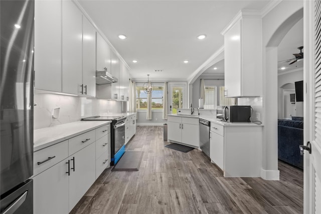 1420 Palomino Trl, Angleton, TX 77515 - kitchen with appliances with stainless steel finishes, under cabinet range hood, a ceiling fan, ornamental molding, and a sink