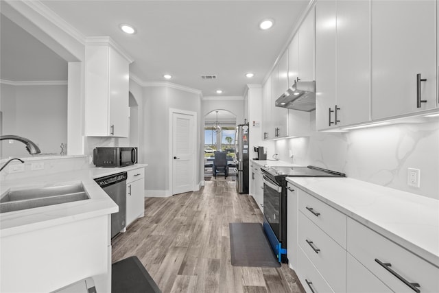 1420 Palomino Trl, Angleton, TX 77515 - kitchen with stainless steel appliances, exhaust hood, a sink, recessed lighting, and white cabinets