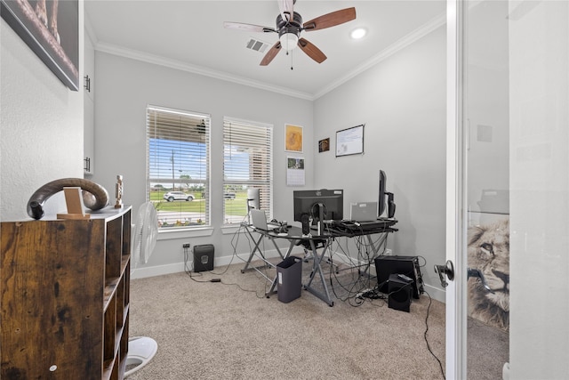1420 Palomino Trl, Angleton, TX 77515 - carpeted home office with crown molding, ceiling fan, baseboards, and recessed lighting