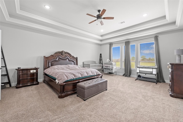 1420 Palomino Trl, Angleton, TX 77515 - bedroom with a tray ceiling, carpet, crown molding, recessed lighting, and a ceiling fan