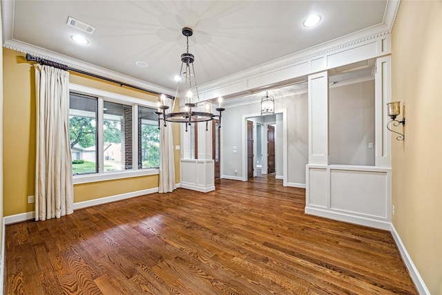 5311 Indigo St, Houston, TX 77096 - unfurnished dining area with ornamental molding, a chandelier, dark wood-type flooring, and recessed lighting