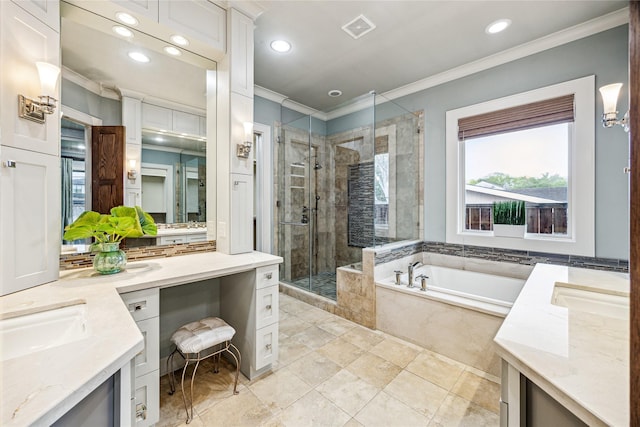 5311 Indigo St, Houston, TX 77096 - bathroom featuring vanity, ornamental molding, a garden tub, a stall shower, and recessed lighting
