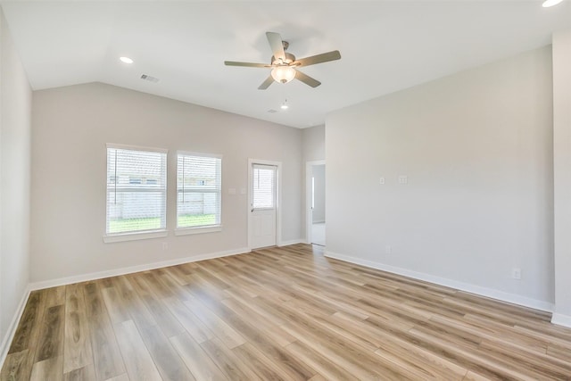 1203 Wildflower Way Dr, Beasley, TX 77417 - unfurnished room featuring light wood-style flooring, ceiling fan, recessed lighting, and lofted ceiling