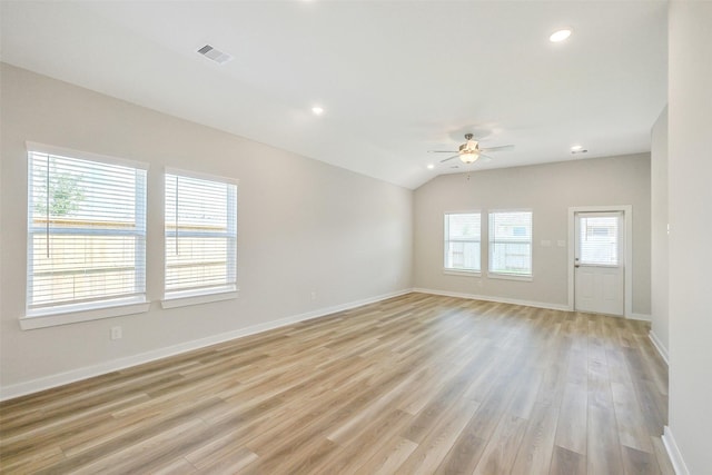1203 Wildflower Way Dr, Beasley, TX 77417 - spare room featuring ceiling fan, light wood-type flooring, recessed lighting, and lofted ceiling