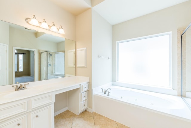3531 Urban Woods Trl, Houston, TX 77008 - full bathroom with a whirlpool tub, vanity, a stall shower, and tile patterned flooring
