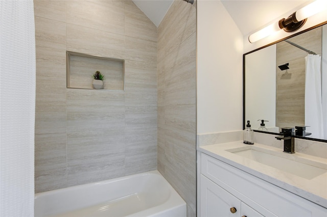 2310 Reinerman St, Houston, TX 77007 - bathroom featuring vanity, lofted ceiling, and shower / bath combo