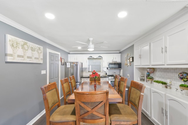 1900 Oregon St, Baytown, TX 77520 - dining room with recessed lighting, ornamental molding, a ceiling fan, dark wood-style flooring, and baseboards
