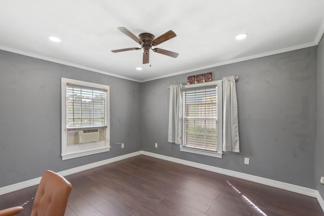 1900 Oregon St, Baytown, TX 77520 - spare room with a ceiling fan, wood-type flooring, crown molding, baseboards, and recessed lighting