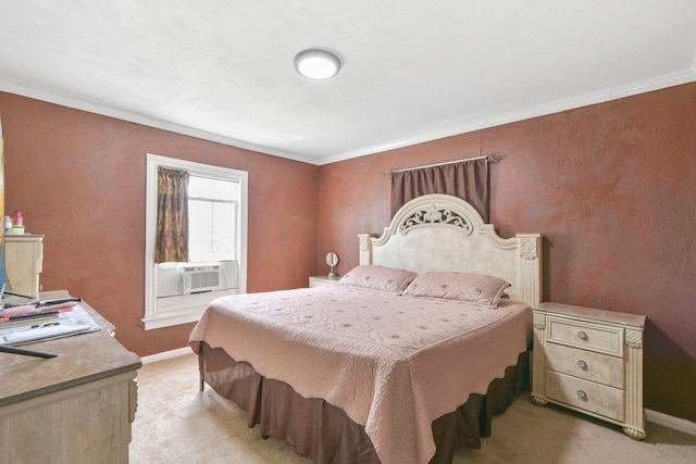 1900 Oregon St, Baytown, TX 77520 - bedroom featuring baseboards, light carpet, crown molding, and cooling unit
