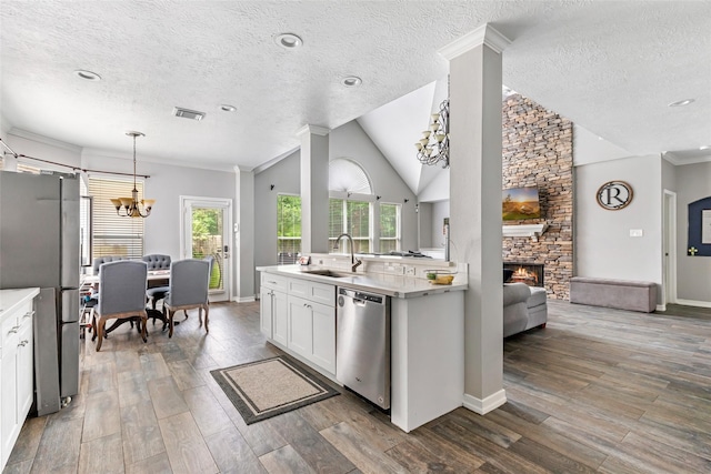 2907 Silverberry Trl, Houston, TX 77345 - kitchen with stainless steel appliances, a sink, light countertops, wood finished floors, and lofted ceiling