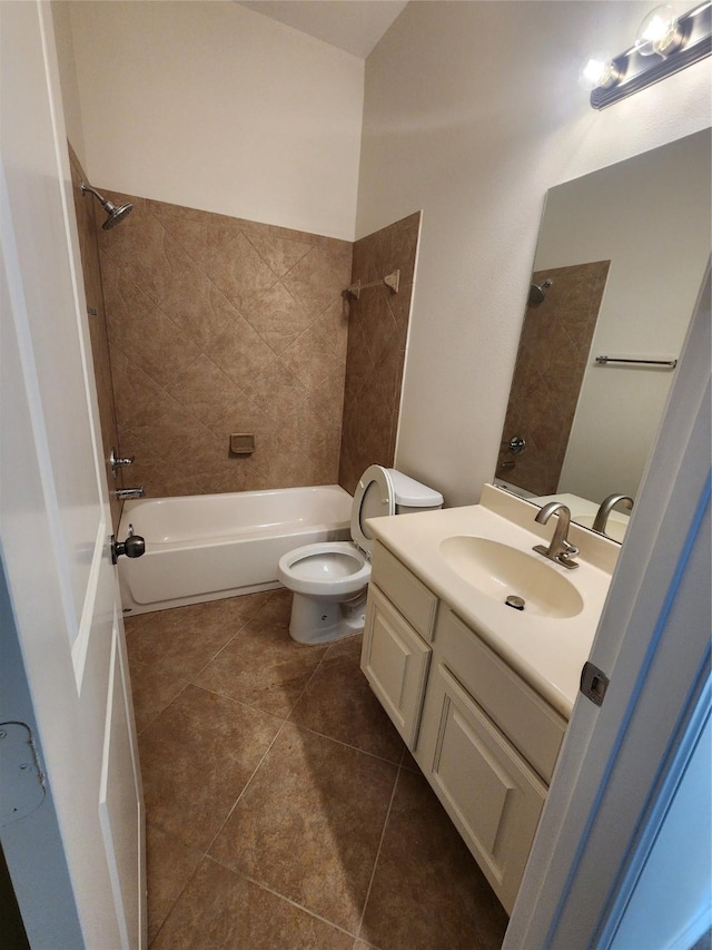13705 Rainwater Dr, Pearland, TX 77584 - full bath featuring toilet, shower / washtub combination, vanity, and tile patterned floors