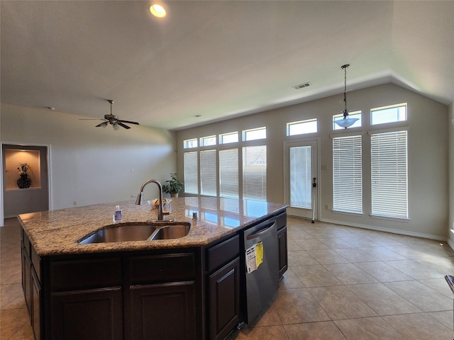 13705 Rainwater Dr, Pearland, TX 77584 - kitchen featuring a sink, stainless steel dishwasher, plenty of natural light, a center island with sink, and lofted ceiling