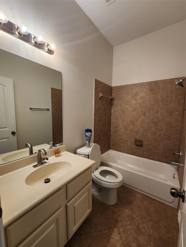 13705 Rainwater Dr, Pearland, TX 77584 - bathroom with vanity, toilet, washtub / shower combination, and tile patterned flooring