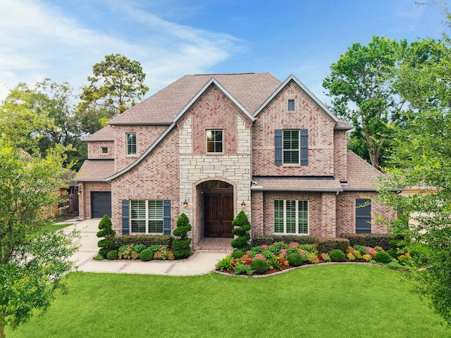 12710 Pebblebrook Dr, Houston, TX 77024 - view of front facade featuring brick siding, a front lawn, a shingled roof, and concrete driveway