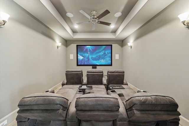 12710 Pebblebrook Dr, Houston, TX 77024 - cinema room with baseboards, a ceiling fan, a tray ceiling, and recessed lighting