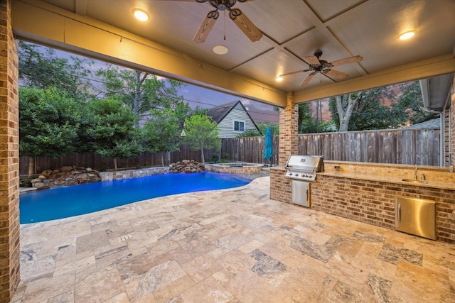 12710 Pebblebrook Dr, Houston, TX 77024 - view of swimming pool with a fenced backyard, ceiling fan, a sink, a patio, and a pool with connected hot tub