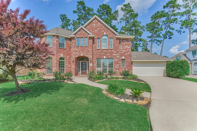 25322 Metzler Creek Dr, Spring, TX 77389 - view of front of home featuring brick siding, a garage, driveway, a front yard, and a shingled roof