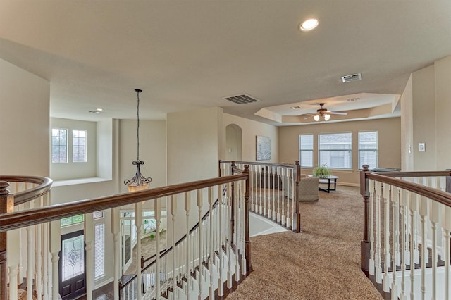 25322 Metzler Creek Dr, Spring, TX 77389 - hallway featuring an upstairs landing, carpet floors, healthy amount of natural light, a raised ceiling, and recessed lighting