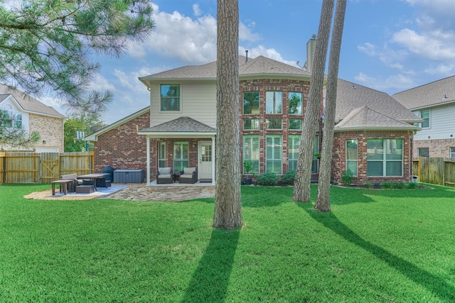 25322 Metzler Creek Dr, Spring, TX 77389 - back of property with a patio area, brick siding, roof with shingles, an outdoor living space, and a chimney