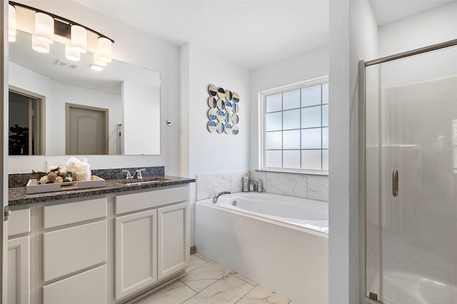 204 Shoreview Dr, Conroe, TX 77303 - full bath with vanity, a bath, a shower stall, and marble finish floors