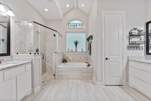 28026 Chuckwagon Trl, Magnolia, TX 77355 - bathroom featuring two vanities, a stall shower, and a garden tub